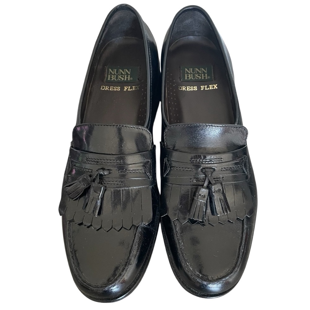 Nunn Bush Dress Flex Solid Black Genuine Leather Slip On Tassled Oxford Shoes